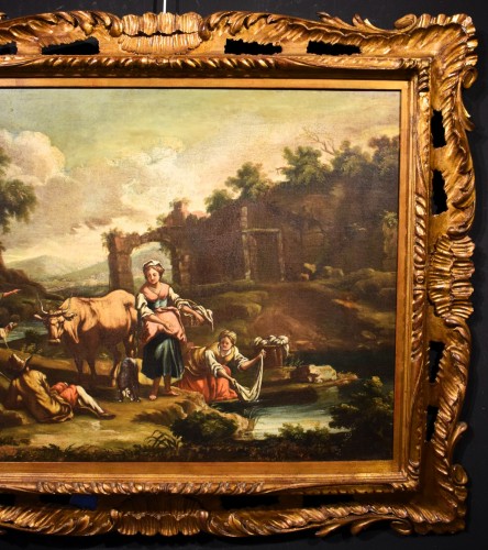 Bergers et lavandières au bord de la rivière - école Italienne du 18e siècle - Romano Ischia